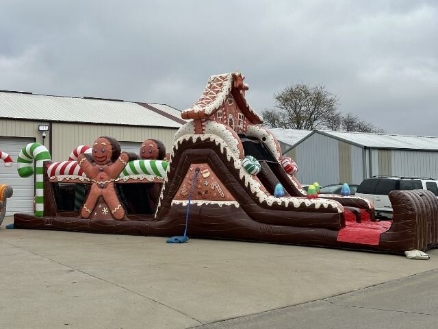 A gingerbread-themed inflatable obstacle course